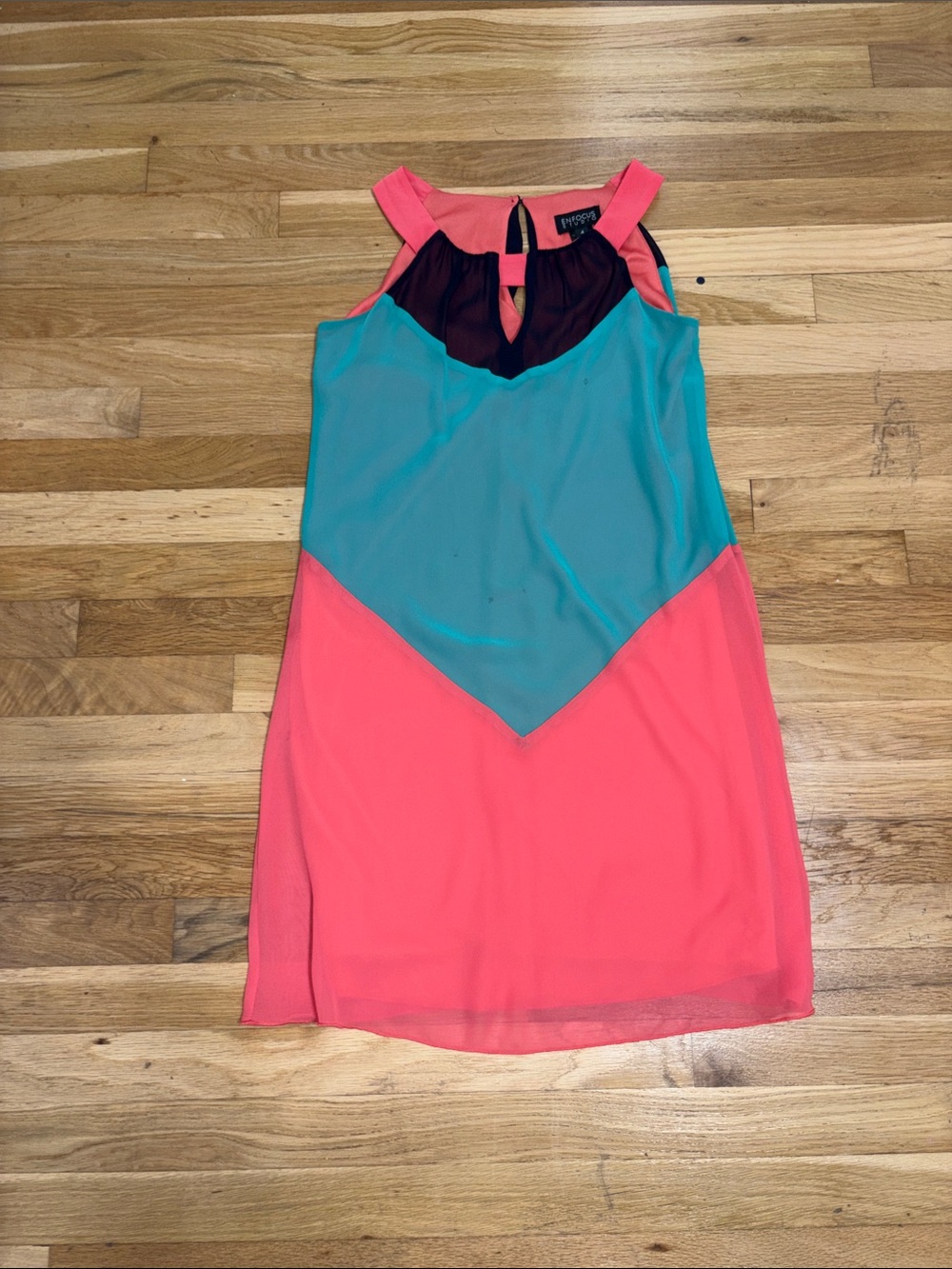 Colorblock Sleeveless Shift Dress - Coral, Teal & Black